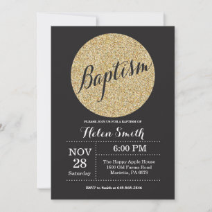 Baptism Christening Black Gold Glitter Invitation
