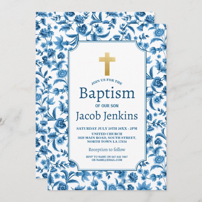 Baptism Christening Blue White Floral Gold Cross Invitation (Front/Back)