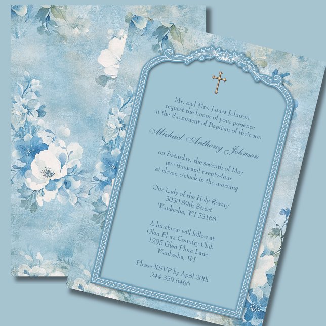  Baptism Christening Blue White Floral  Invitation (Creator Uploaded)