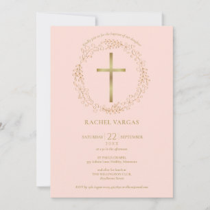 Baptism Christening Blush Pink Gold Cross Floral Invitation