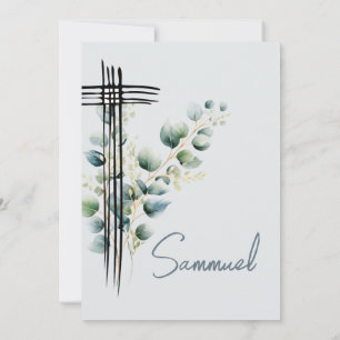 Baptism Christening Boy Modern  Blue Cross Invitation