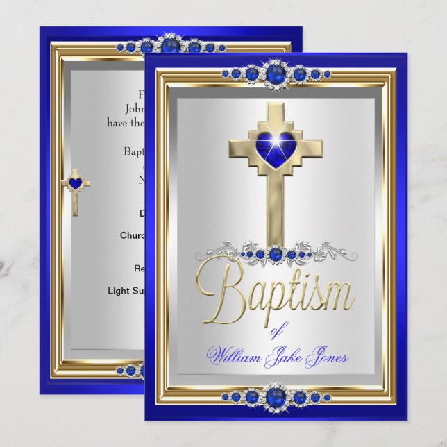Baptism Christening Boys or Girls Cross Blue Pearl Invitation (Front/Back)