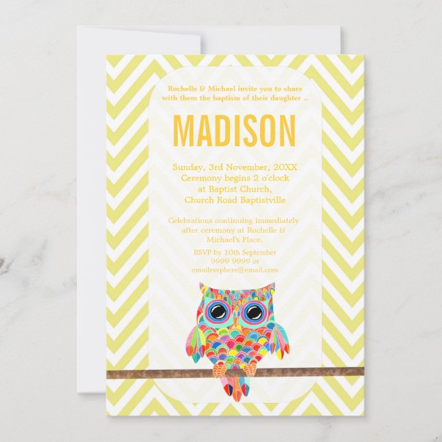 Baptism Christening Chevron Rainbow Owl Invite (Front)