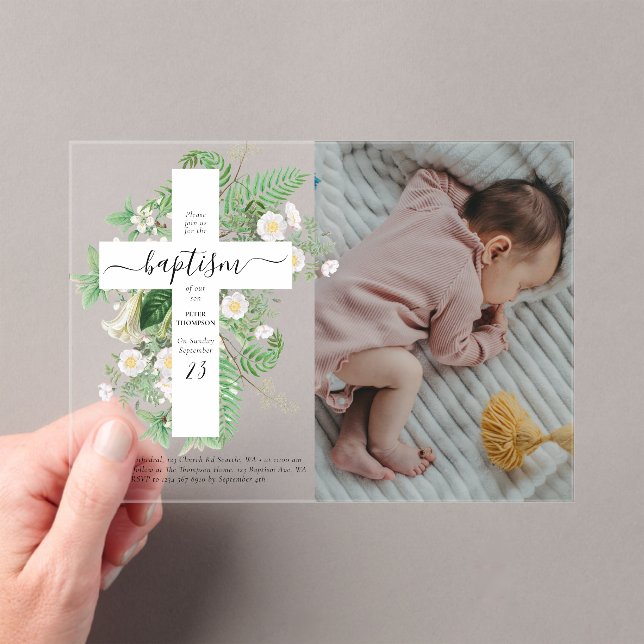 Baptism Christening Cross Greenery Custom Photo Acrylic Invitations (Insitu (Handheld))