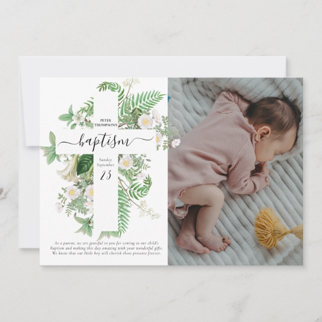 Baptism Christening Cross Greenery Custom Photo Thank You Card (Front)
