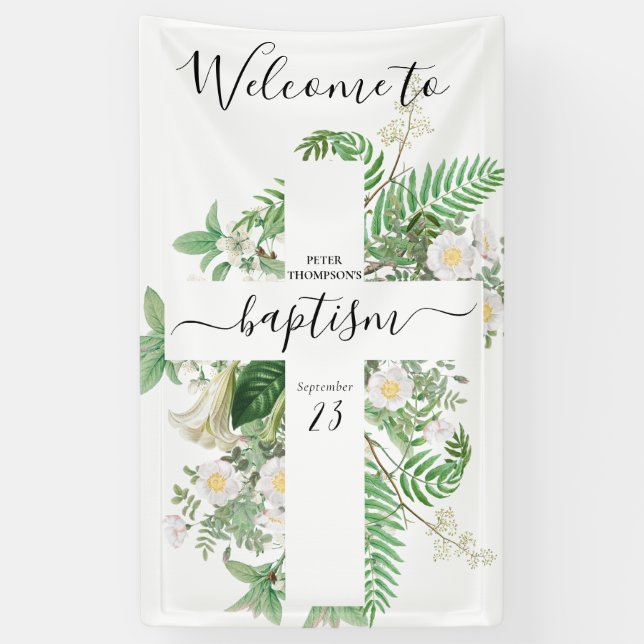 Baptism Christening Cross Greenery Welcome Sign (Vertical)