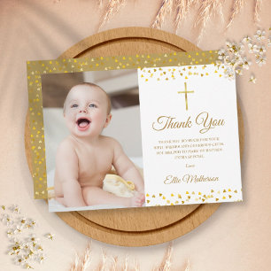 Baptism Christening Elegant Golden Hearts Photo Thank You Card