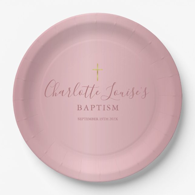 Baptism Christening Elegant Rose Gold Script Paper Plate (Front)