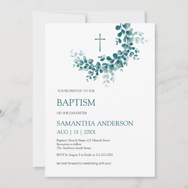 Baptism Christening Eucalyptus Greenery Minimalist Invitation (Front)