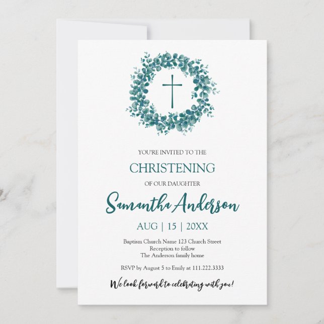 Baptism Christening Eucalyptus Greenery minimalist Invitation (Front)