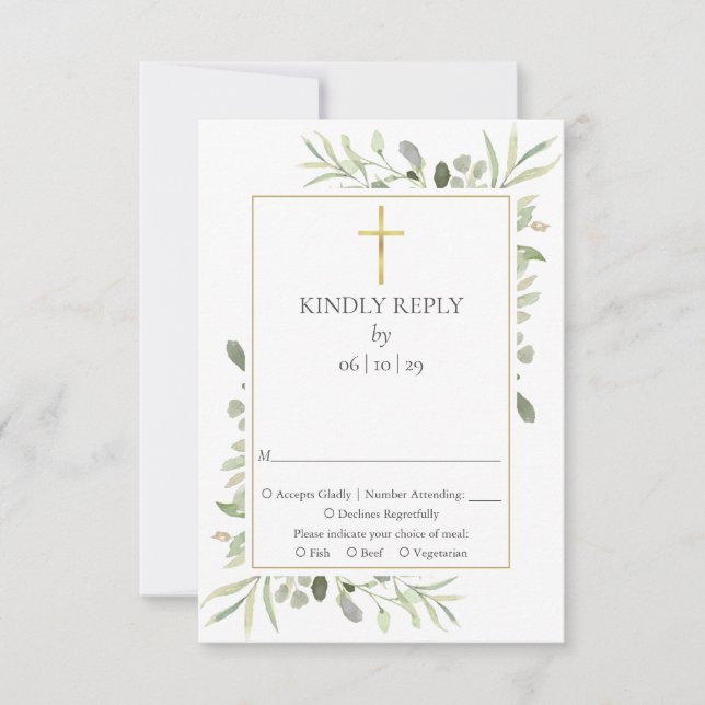 Baptism Christening First Holy Communion Greenery RSVP Card (Front)