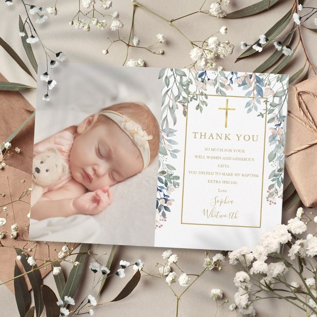 Baptism Christening Floral Foliage Photo Gold Thank You Card (Baptism Christening Floral Foliage Photo Gold Thank You Card)
