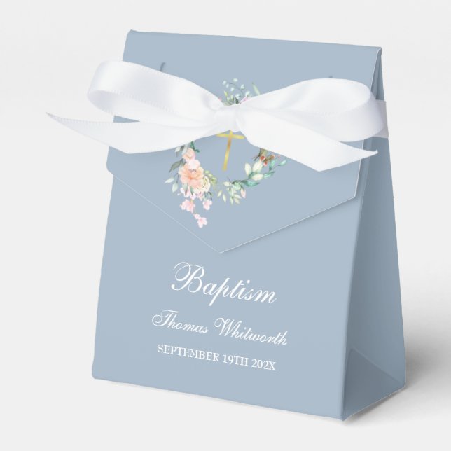 Baptism Christening Floral Garland Dusty Blue Favour Box (Front Side)