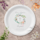 Baptism Christening Floral Silver Cross  Paper Plate<br><div class="desc">Featuring a delicate watercolor floral garland and silver cross,  this chic baptism or christening paper plate can be personalised with your special event details.  Designed by Thisisnotme©</div>