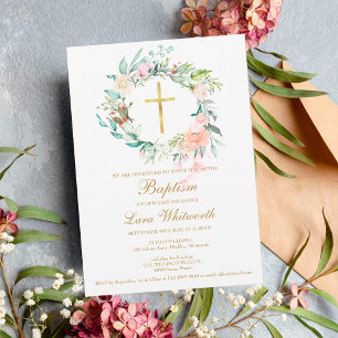 Baptism Christening Floral Watercolor Garland Invitation