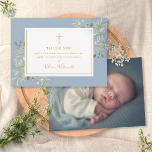 Baptism Christening Foliage Dusty Blue Photo Thank You Card