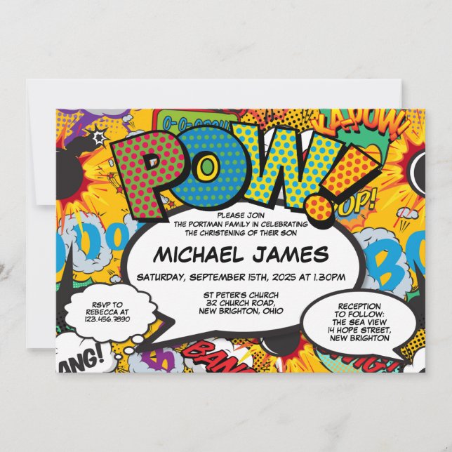 Baptism Christening Fun Modern Comic Book Invitation (Front)