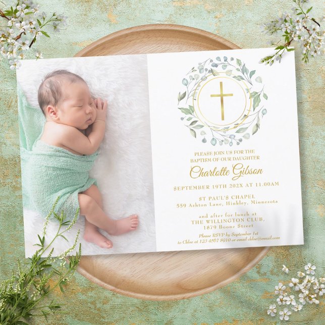 Baptism Christening Garland Gold Cross Photo Invitation (Creator Uploaded)