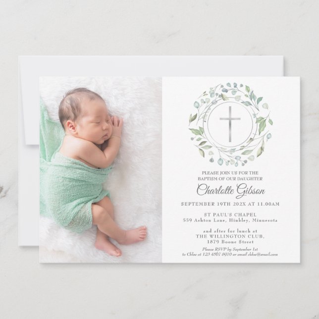 Baptism Christening Garland Silver Cross Photo Invitation (Front)