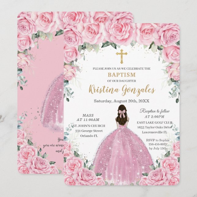 Baptism Christening Girl Pink Floral Gold Cross Invitation (Front/Back)