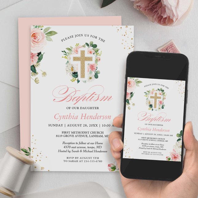 Baptism Christening Gold Blush Pink Floral Cross Invitation (Creator Uploaded)