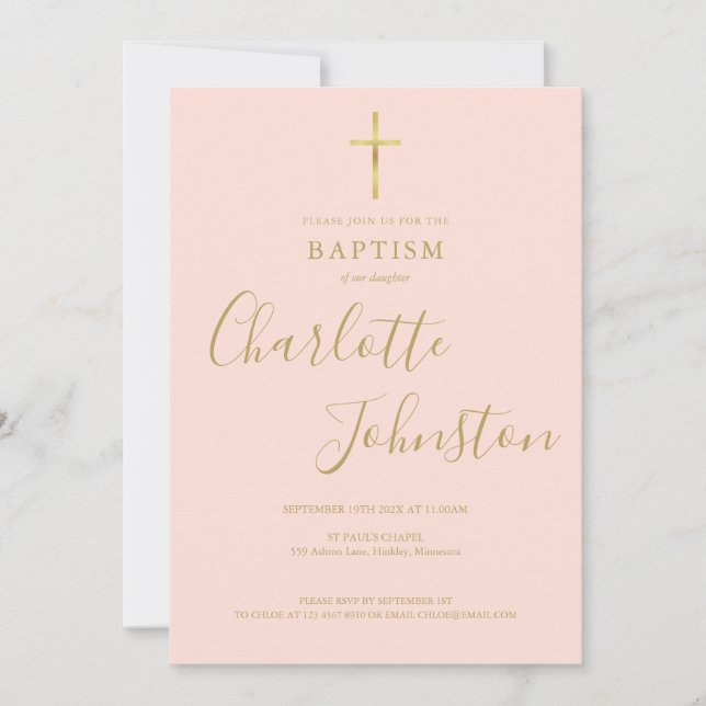 Baptism Christening Gold Cross Blush Pink QR Code Invitation (Front)