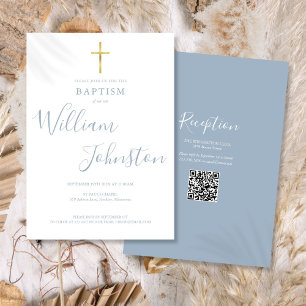 Baptism Christening Gold Cross Dusty Blue QR Code Invitation