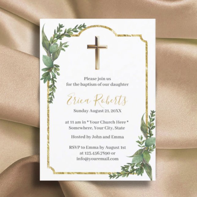 Baptism Christening Gold Cross Elegant Botanical Invitation (Creator Uploaded)