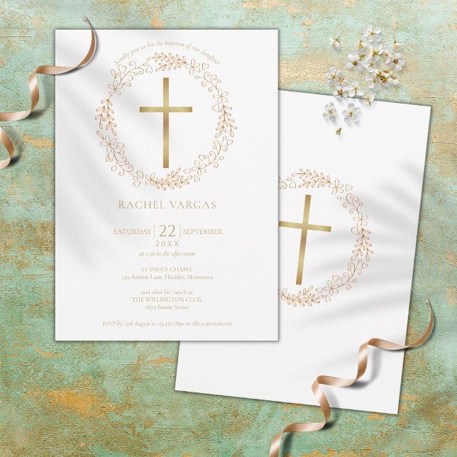 Baptism Christening Gold Cross Floral Invitation (Creator Uploaded)