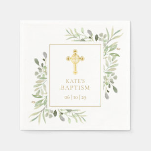 Baptism Christening Gold Cross Greenery Napkin