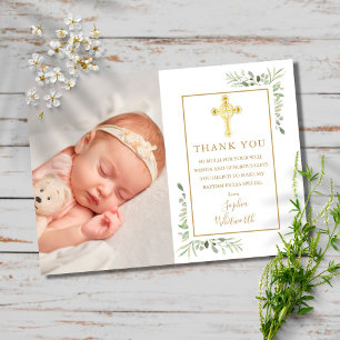 Baptism Christening Gold Cross Greenery Photo Postcard