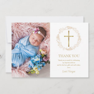 Baptism Christening Gold Floral Garland Photo Thank You Card