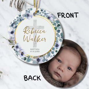 Baptism Christening Golden Blue Eucalyptus Flowers Ceramic Tree Decoration