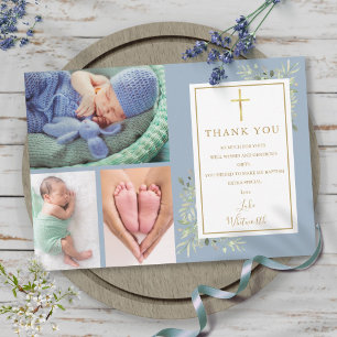 Baptism Christening Greenery 3 Photo Dusty Blue Thank You Card