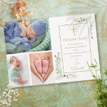 Baptism Christening Greenery 3 Photo Thank You Card<br><div class="desc">Gold signature baptism christening photo thank you card. Personalise with your 3 photos and special baptism,  christening thank you message in chic gold lettering on this modern elegant design. Designed by Thisisnotme©</div>