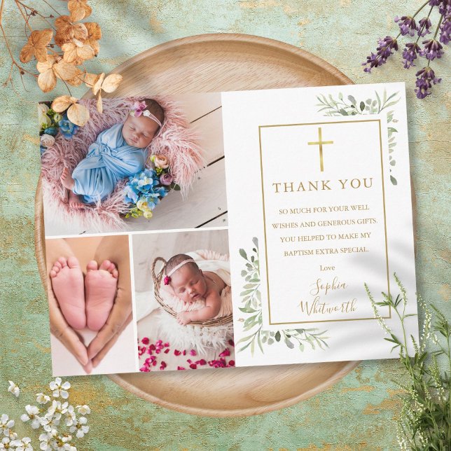 Baptism Christening Greenery 3 Photo Thank You  Postcard (Creator Uploaded)