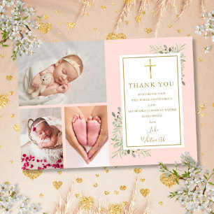 Baptism Christening Greenery Blush Pink 3 Photo Thank You Card