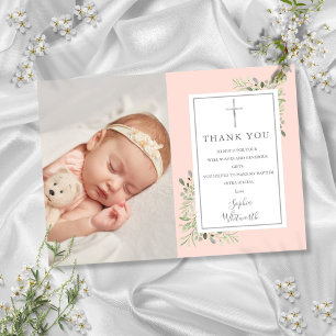 Baptism Christening Greenery Blush Pink Photo Thank You Card