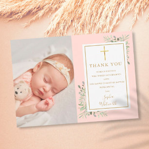 Baptism Christening Greenery Blush Pink Photo Thank You Card