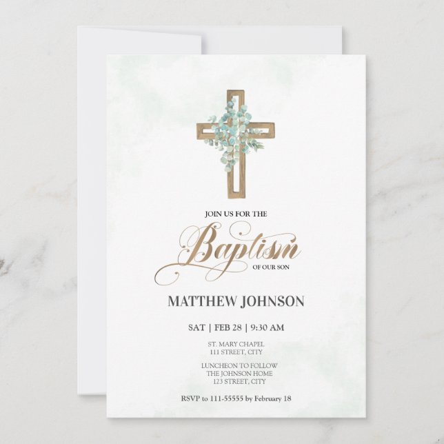 Baptism Christening Greenery Cross Elegant Script Invitation (Front)