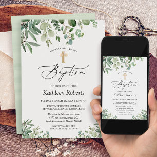 Baptism Christening Greenery Eucalyptus Leaves Invitation