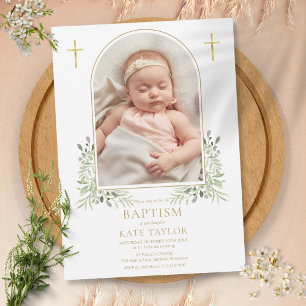 Baptism Christening Greenery Gold Arch Photo  Invitation