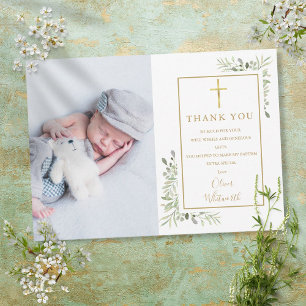 Baptism Christening Greenery Gold Cross Photo Thank You Card