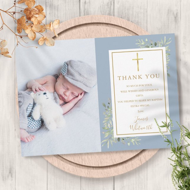 Baptism Christening Greenery Photo Blue Boy Thank You Card (Baptism Christening Greenery Photo Blue Boy Thank You Card)