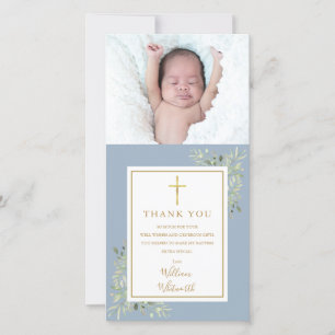 Baptism Christening Greenery Photo Blue Thank You Card
