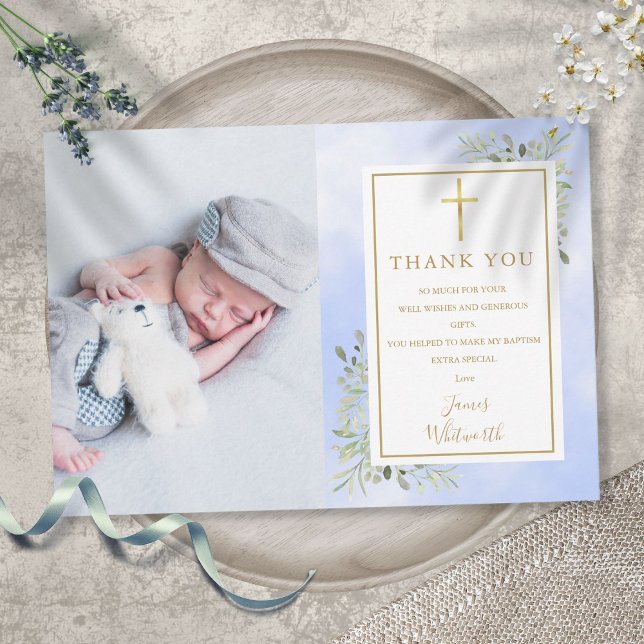 Baptism Christening Greenery Photo blue Watercolor Thank You Card (Creator Uploaded)