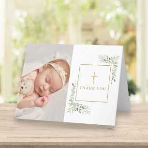 Baptism Christening Greenery Photo Thank You Card