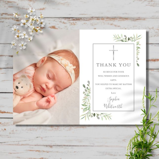 Baptism Christening Greenery Photo Thank You Card (Creator Uploaded)