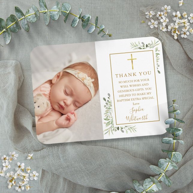 Baptism Christening Greenery Photo Thank You Magnet (Baptism Christening Greenery Photo Thank You Magnet)