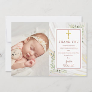 Baptism Christening Greenery Rose Gold Photo Thank You Card